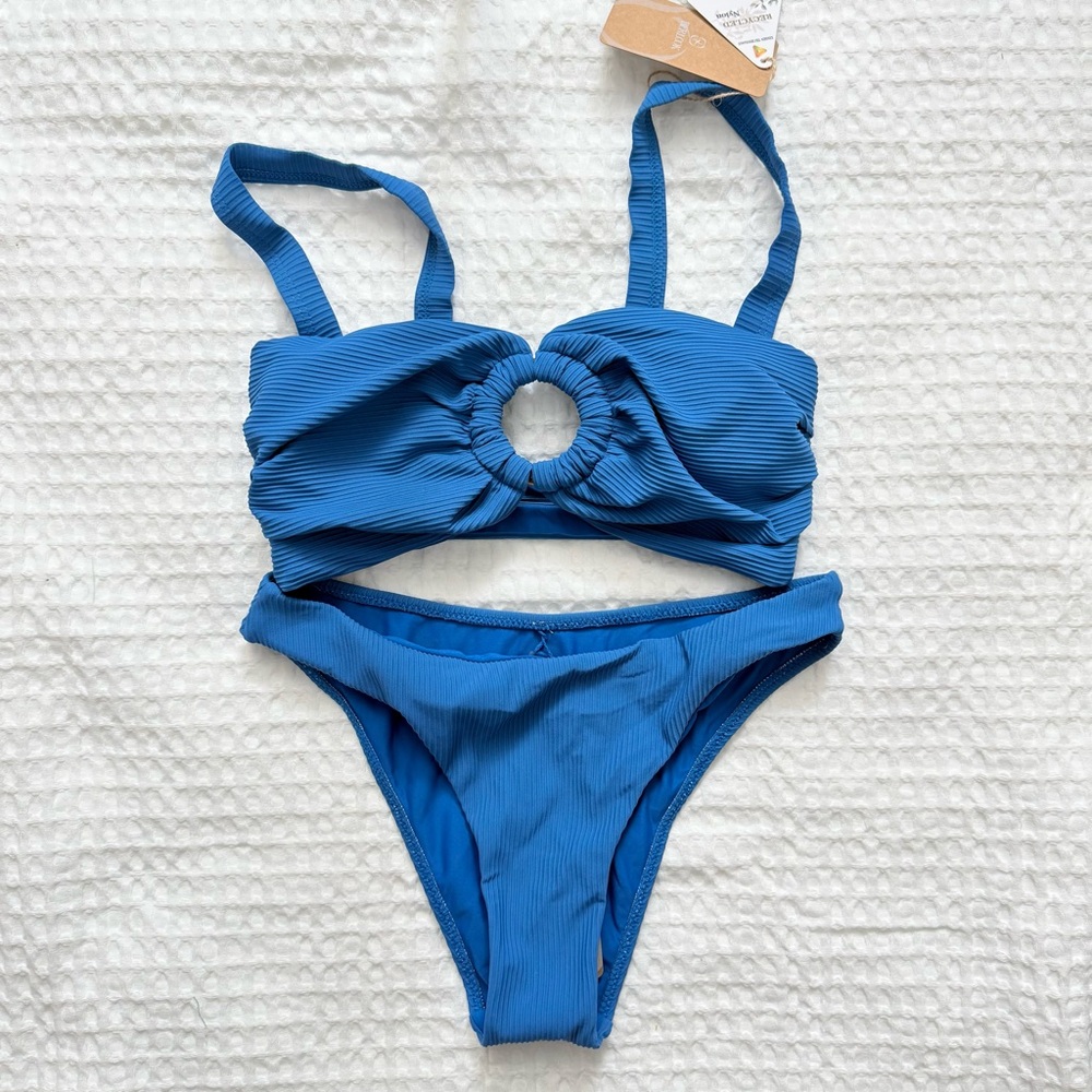 Ribbed Blue Ring-Front Bikini Set S 67